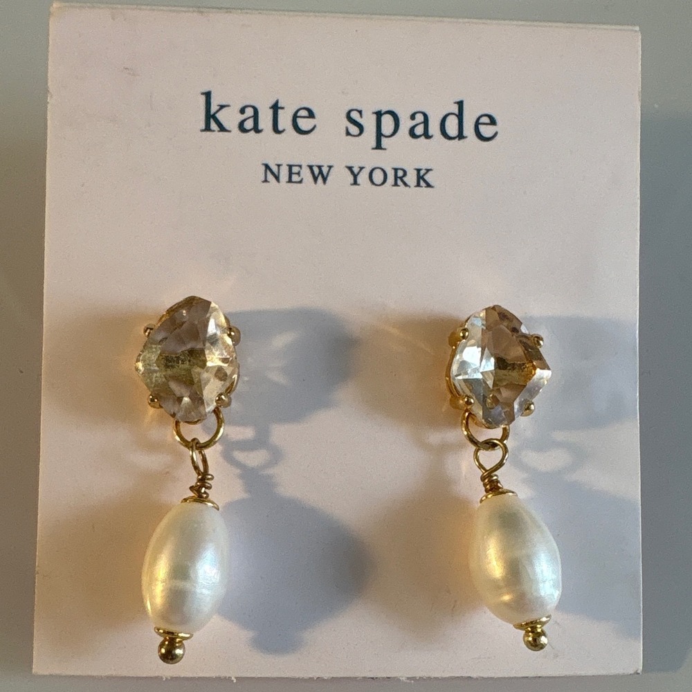 Kate Spade New York Crystal and Faux Pearl Drop Earrings Gold Tone Studs - Picture 7 of 7